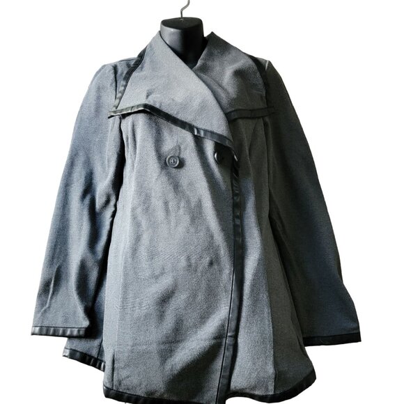 DG2 Diane Gilman Womens S Asymmetrical Cardigan Faux Leather Trim Grey Stretch - Picture 1 of 13